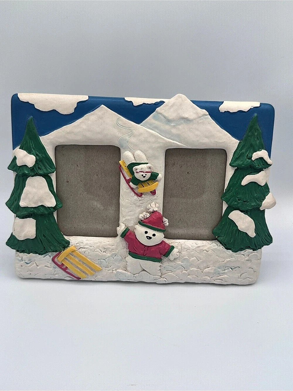 Dayton Hudson 1992 Twin Vintage Snowman Christmas Picture Frame Holiday Sledding